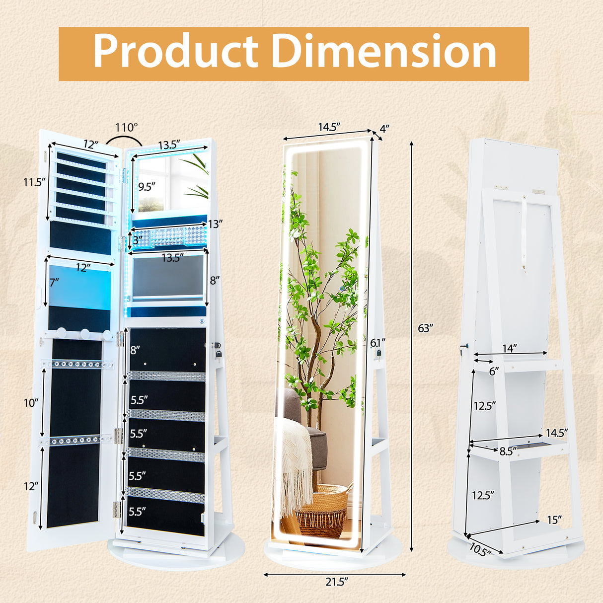 Standing Jewelry Cabinet with Adjustable LED Lights-White
