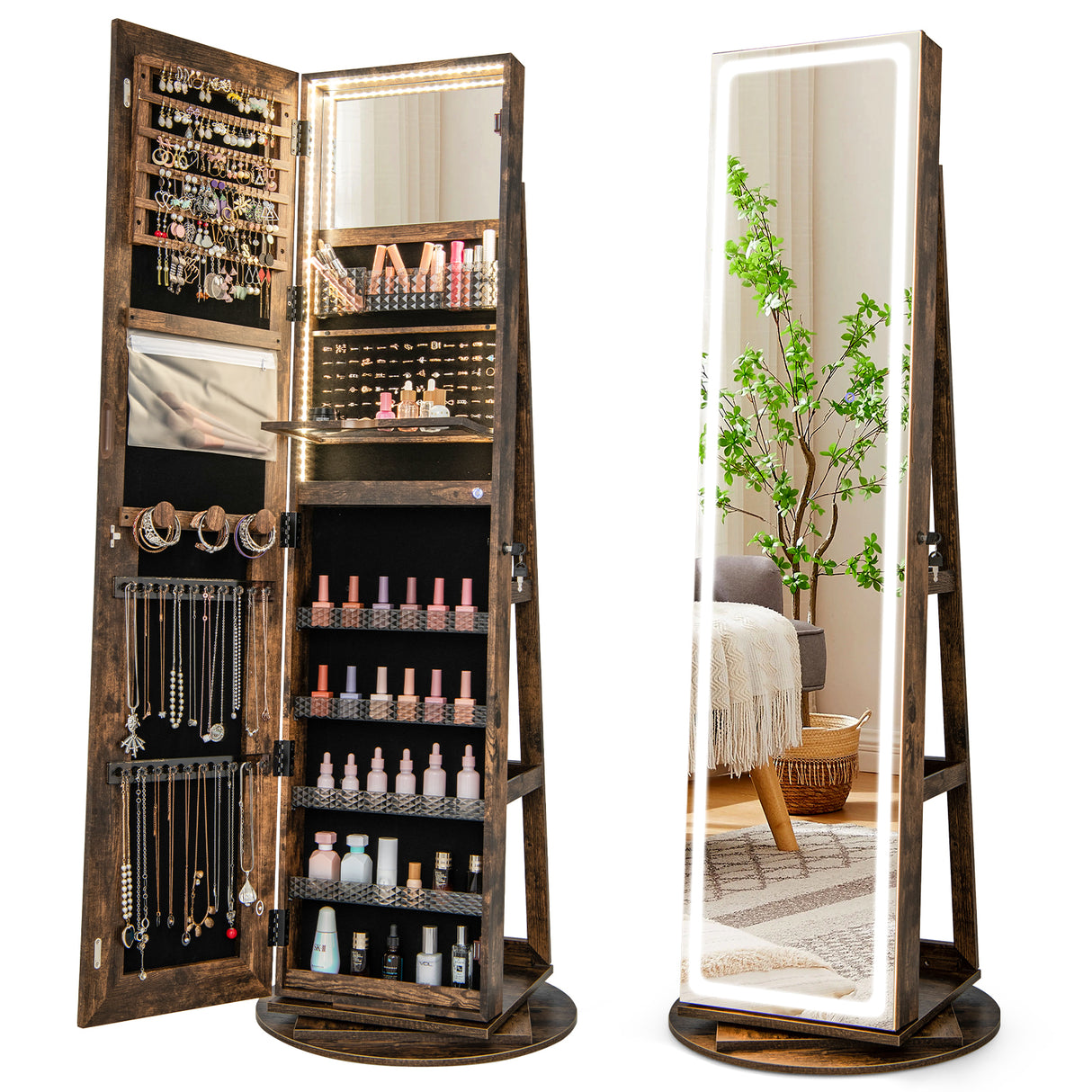 Standing Jewelry Cabinet with Adjustable LED Lights-Coffee