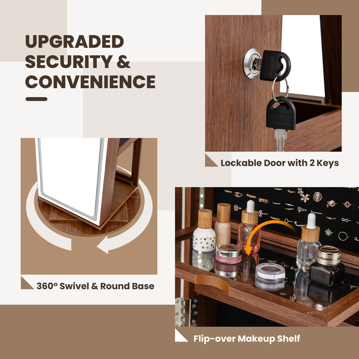 Standing Jewelry Cabinet with Adjustable LED Lights-Brown