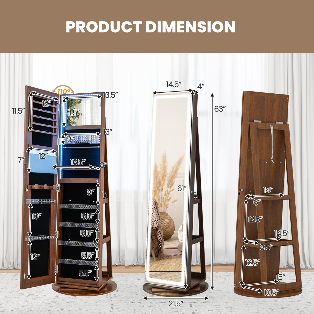 Standing Jewelry Cabinet with Adjustable LED Lights-Brown