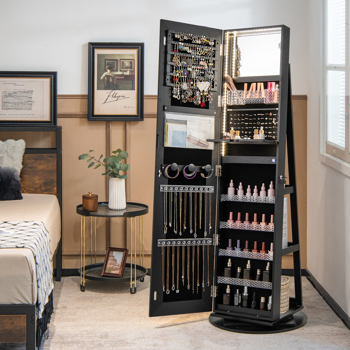 Standing Jewelry Cabinet with Adjustable LED Lights-Black