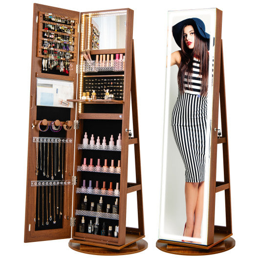 Standing Jewelry Cabinet with Adjustable LED Lights-Brown