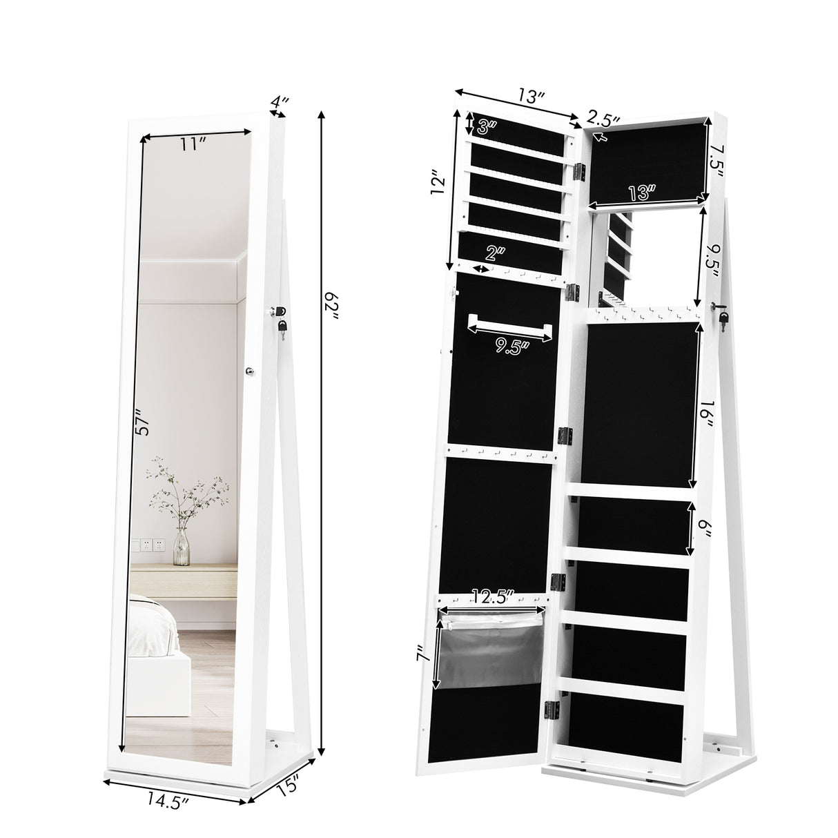 Standing Lockable Jewelry Storage Organizer with Full-Length Mirror-White