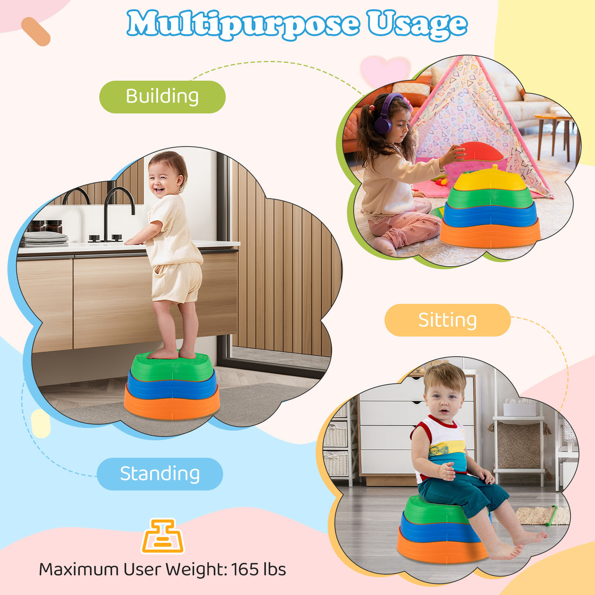 Stepping Stones for Kids 5 PCS Non-Slip Balance Stones with Storage Bag-Multicolor
