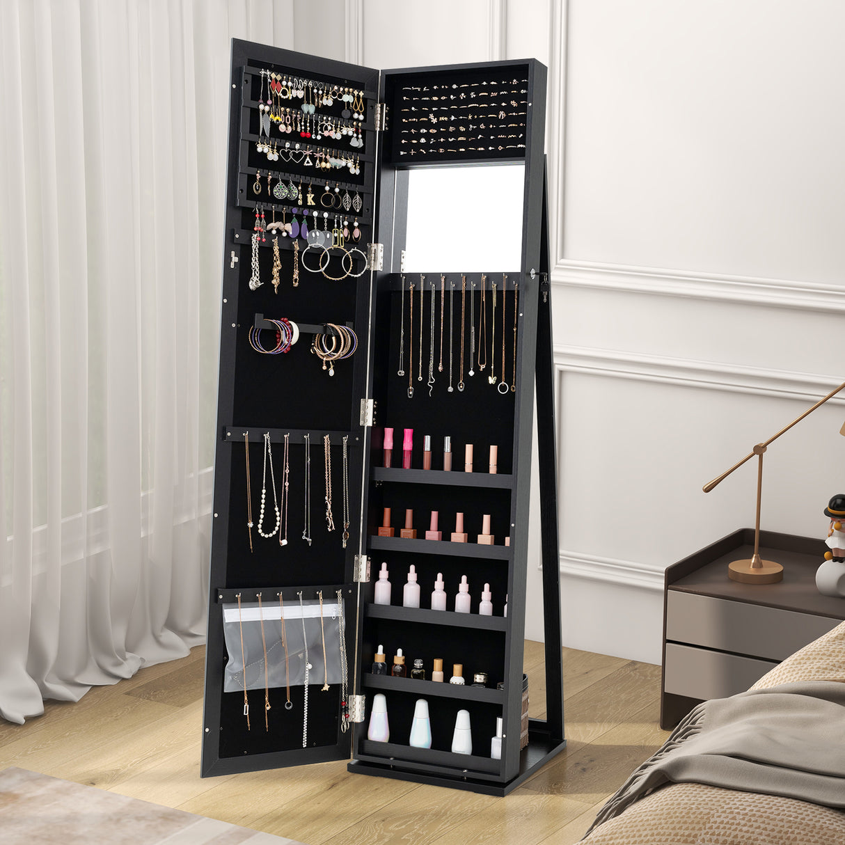 Standing Lockable Jewelry Storage Organizer with Full-Length Mirror-Black