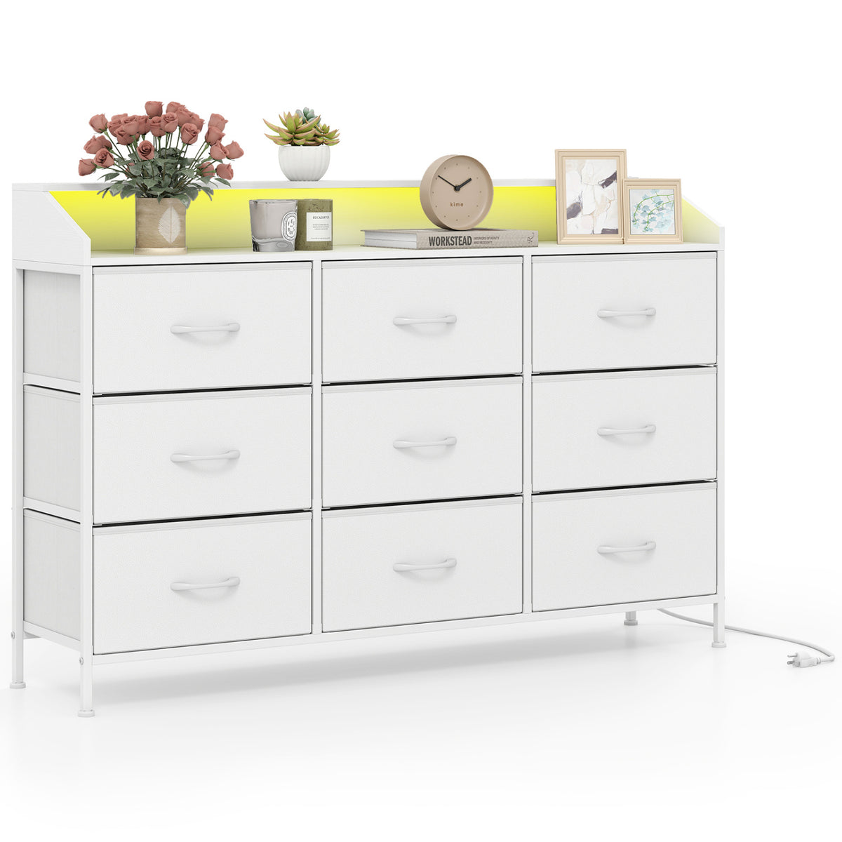 Storage Organizer with LED Lights and 9 Fabric Drawers for Bedroom-White