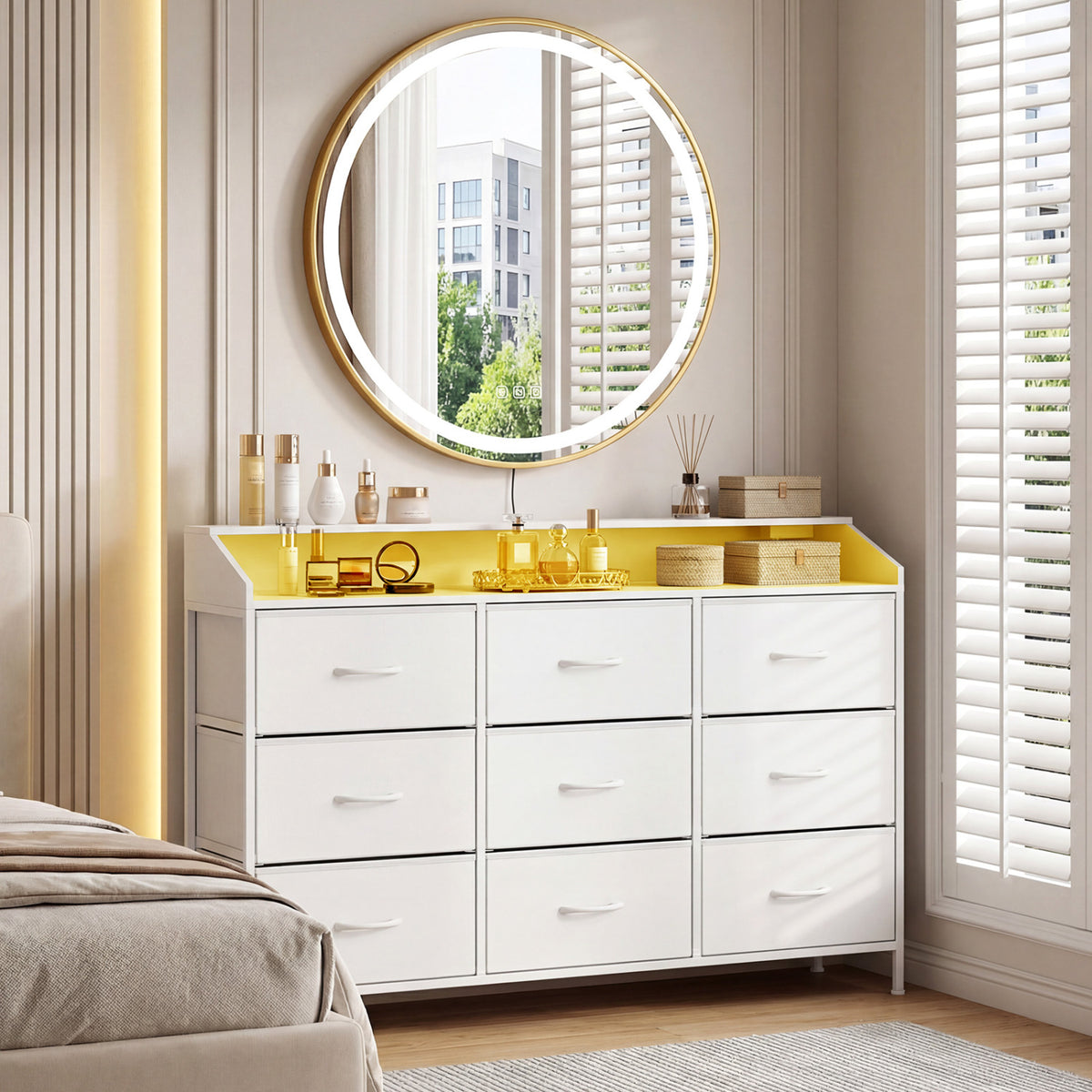 Storage Organizer with LED Lights and 9 Fabric Drawers for Bedroom-White