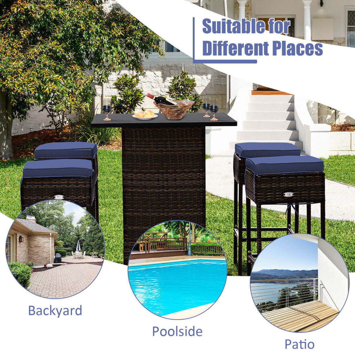 5 Pieces Patio Rattan Bar Table Stool Set Hidden Storage Shelf Cushioned-White