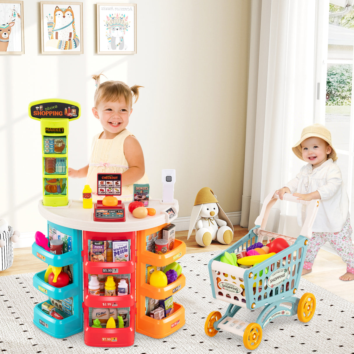Supermarket Playset for Kids 76 PCS Pretend Play Grocery Store Set with Shopping Cart-Blue