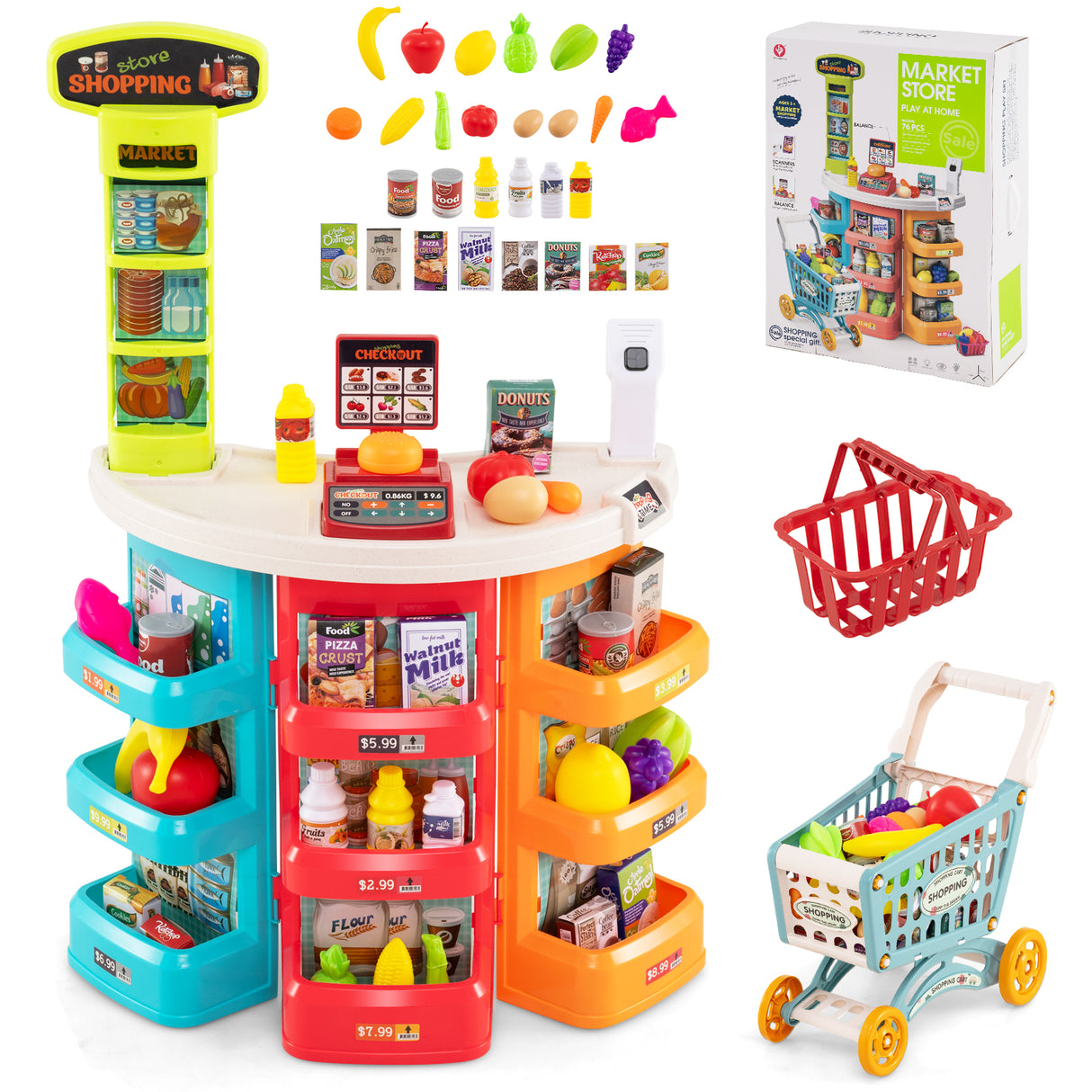 Supermarket Playset for Kids 76 PCS Pretend Play Grocery Store Set with Shopping Cart-Blue