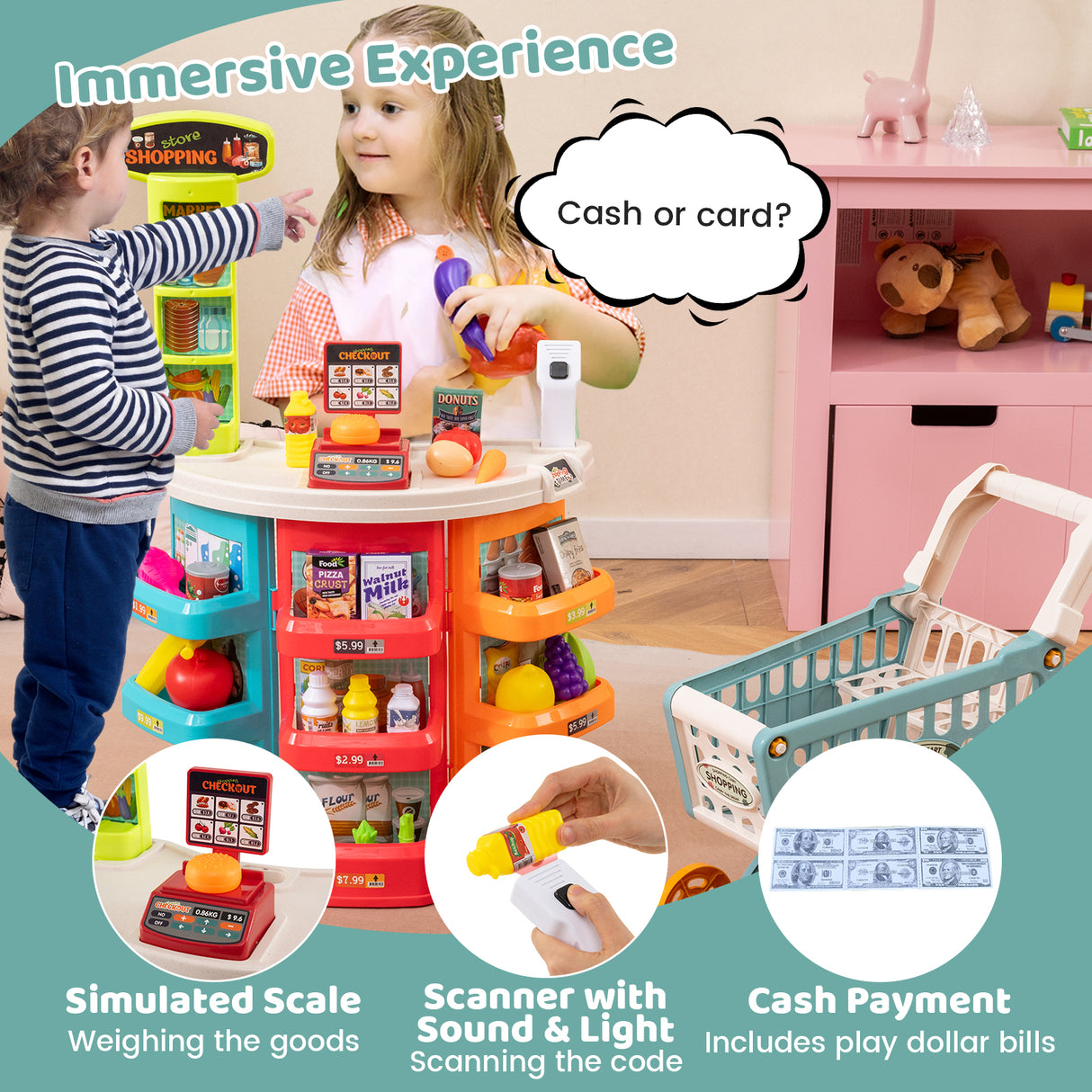 Supermarket Playset for Kids 76 PCS Pretend Play Grocery Store Set with Shopping Cart-Blue