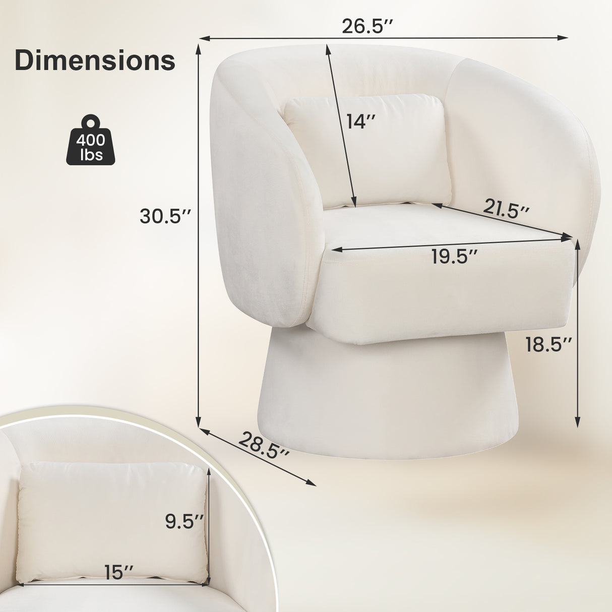 Swivel Accent Chair Upholstered Barrel Chair with Curved Back and Removable Lumbar Pillow-Beige