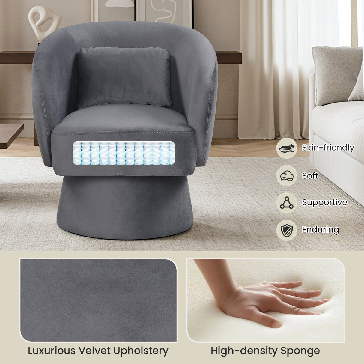 Swivel Accent Chair Upholstered Barrel Chair with Curved Back and Removable Lumbar Pillow-Gray