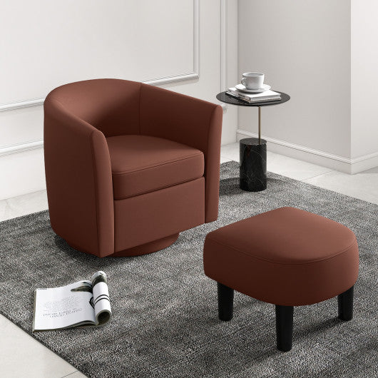 Modern Club Swivel Accent Chair with Ottoman Footrest Curved Backrest-Brown