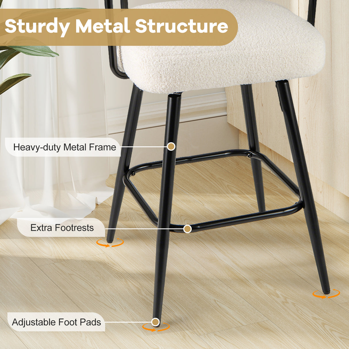 Swivel Bar Stool Set of 2 Counter Height Chairs with Curved Back and Arms-White