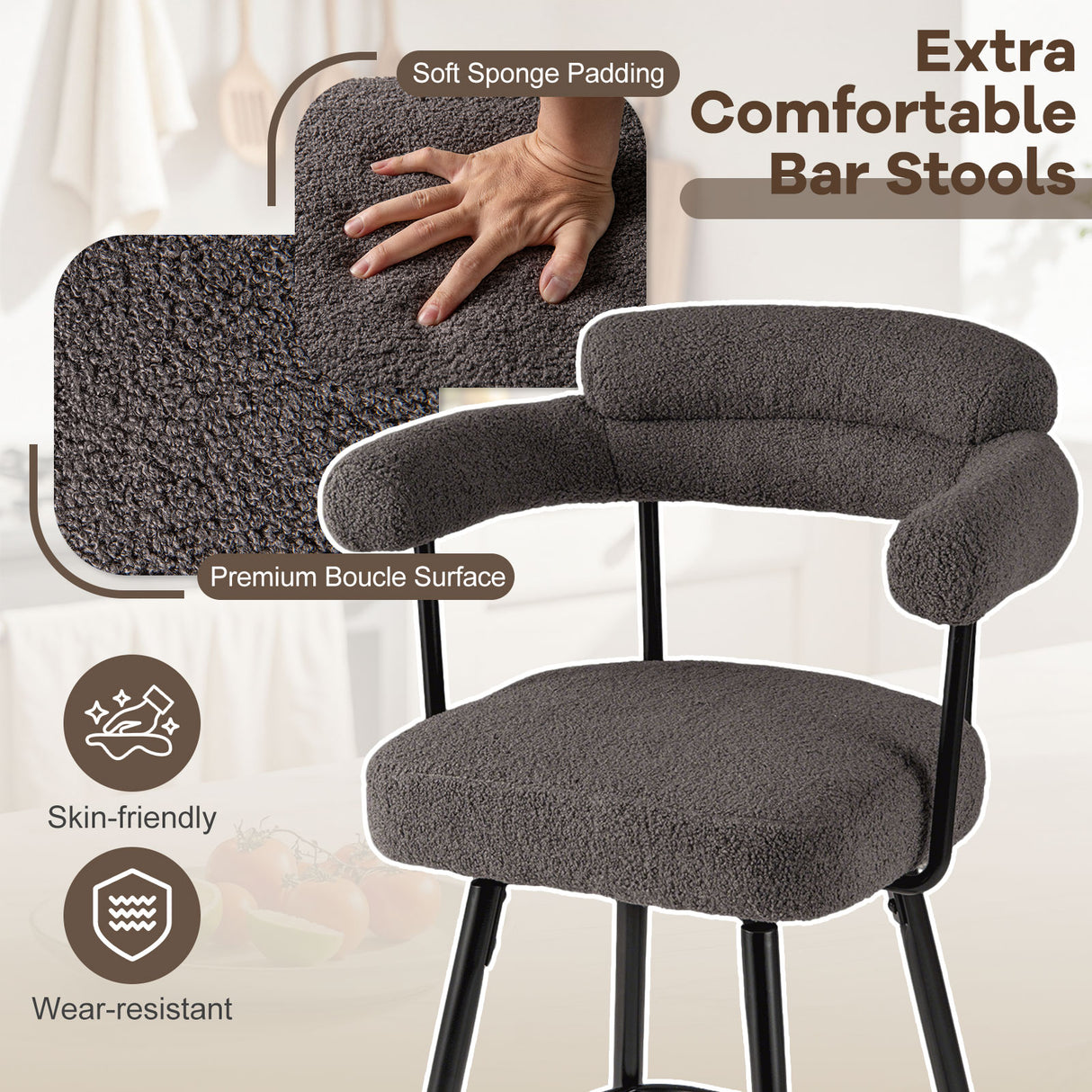 Swivel Bar Stool Set of 2 Counter Height Chairs with Curved Back and Arms-Grey