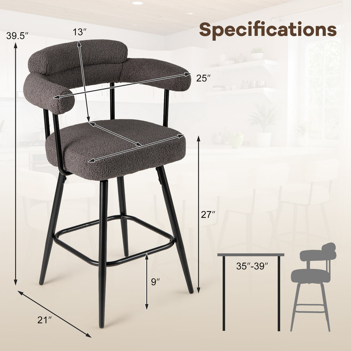 Swivel Bar Stool Set of 2 Counter Height Chairs with Curved Back and Arms-Grey