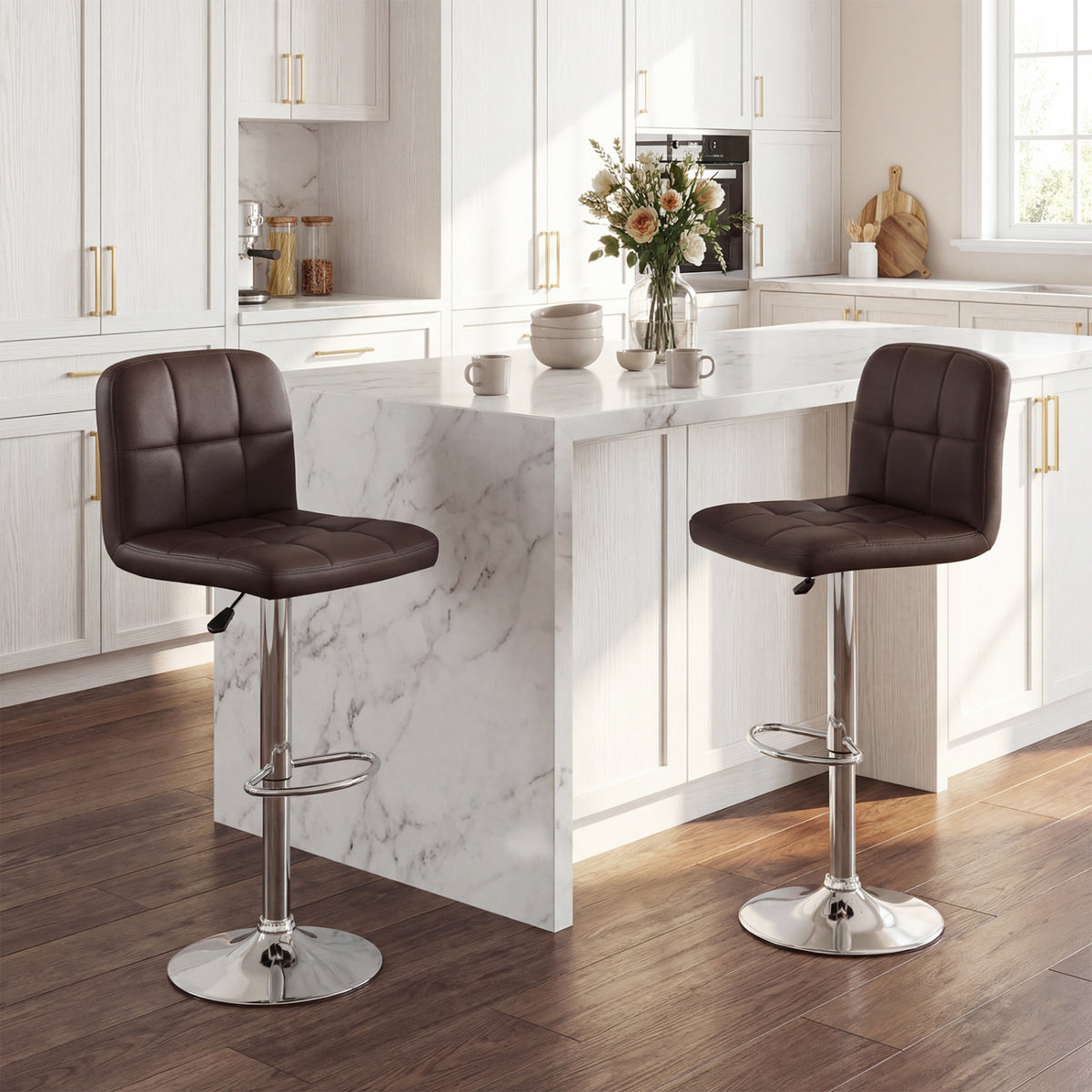 Swivel Bar Stools Set of 2 with Footrests and Metal Base-Brown