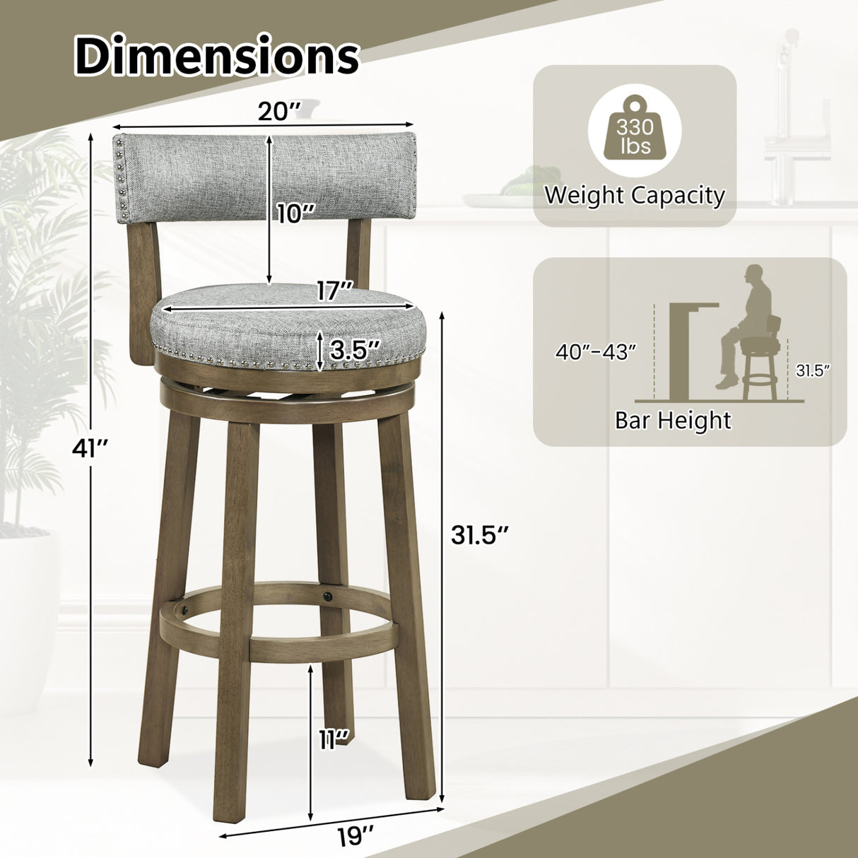 Swivel Bar Stools Set of 2 Linen Fabric Upholstered Barstools with Back-31.5 Inches