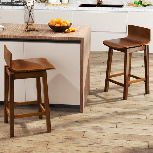 24.5 Inch Swivel Wooden Bar Stools Set of 2 with Rubber Wood Legs and Low Back-Walnut