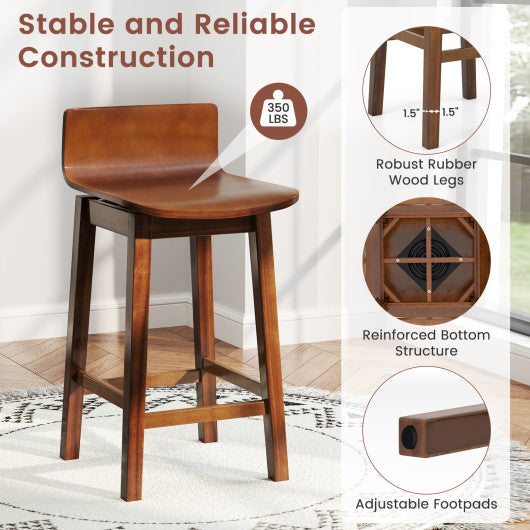 24.5 Inch Swivel Wooden Bar Stools Set of 2 with Rubber Wood Legs and Low Back-Walnut