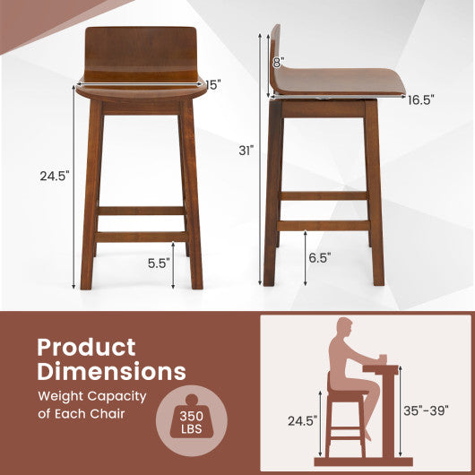 24.5 Inch Swivel Wooden Bar Stools Set of 2 with Rubber Wood Legs and Low Back-Walnut