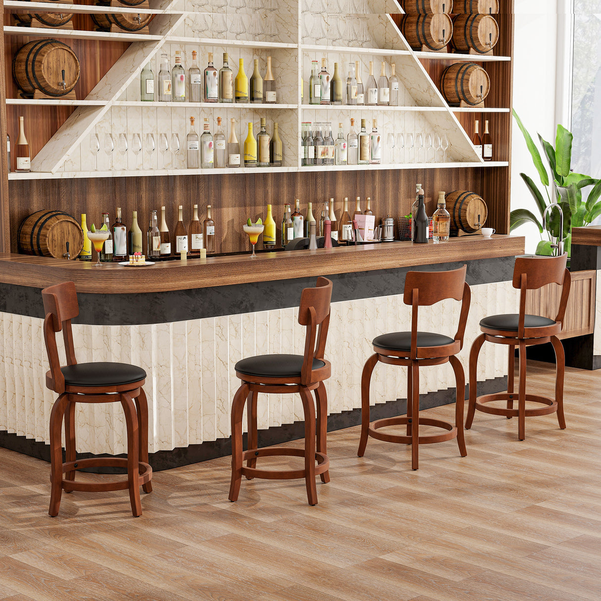 Swivel Bar Stools Set of 2 with Rubber Wood Frame and Upholstered Seat-24 Inch