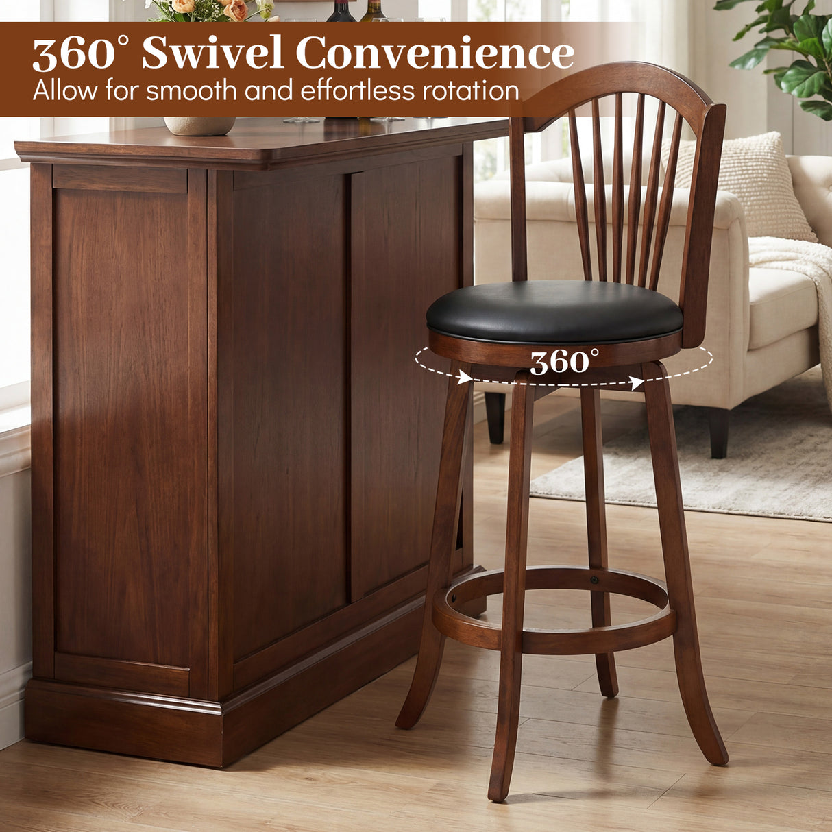 Swivel Bar Stools with Backrests and Wood Frame for Kitchen Island-29 Inch