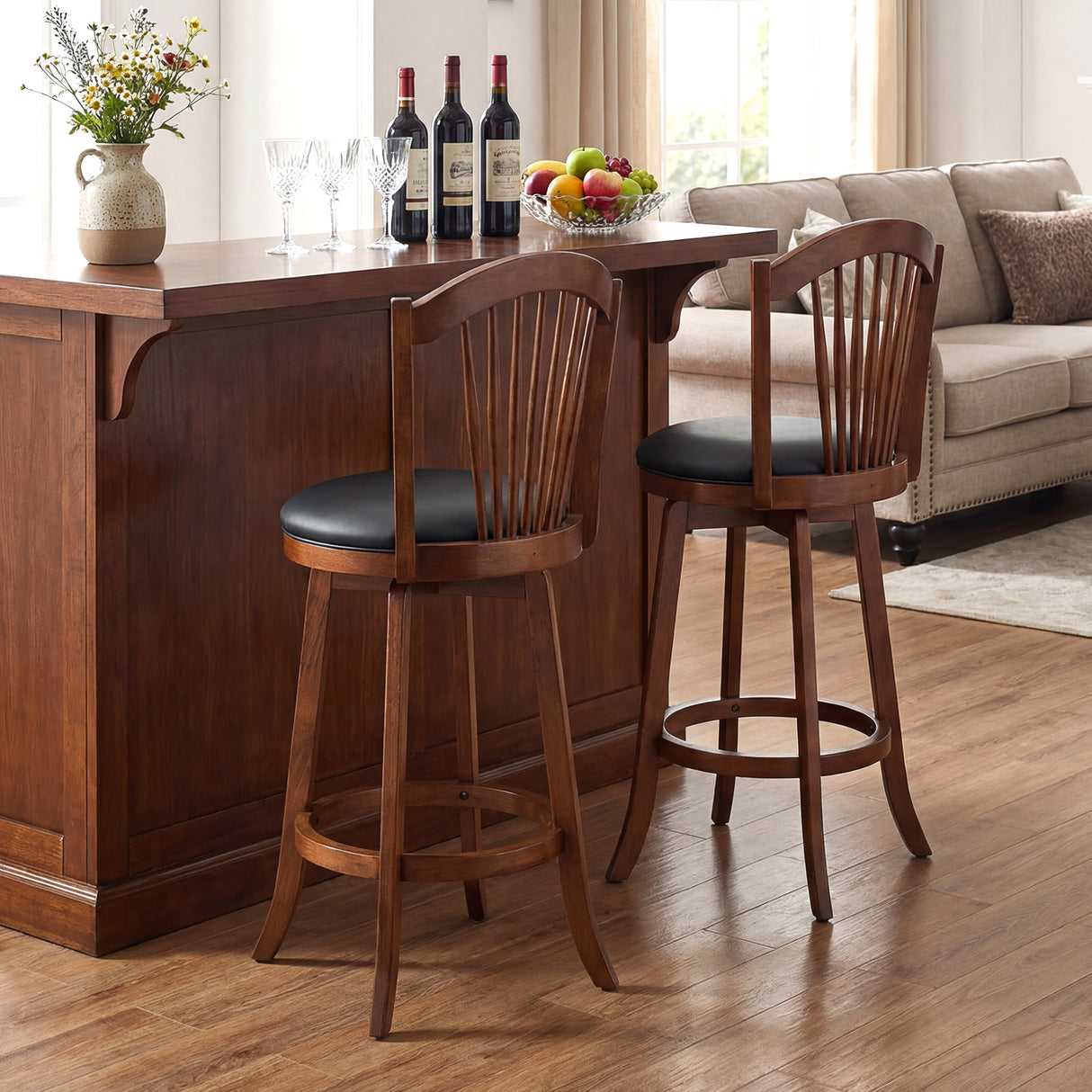 Swivel Bar Stools with Backrests and Wood Frame for Kitchen Island-29 Inch