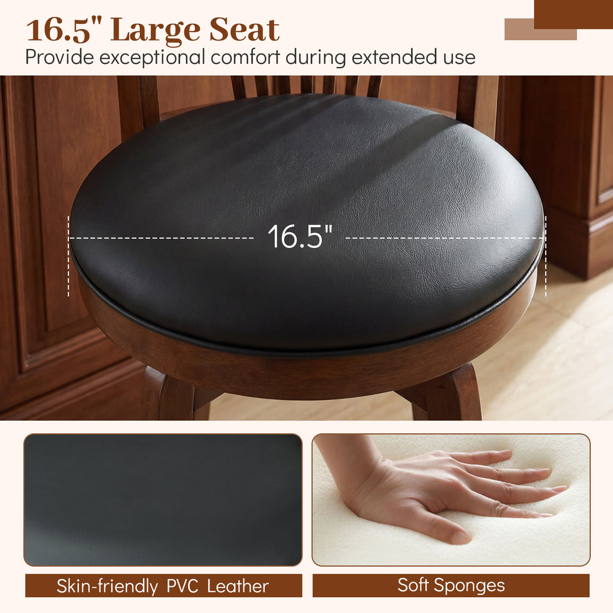 Swivel Bar Stools with Backrests and Wood Frame for Kitchen Island-24 Inch