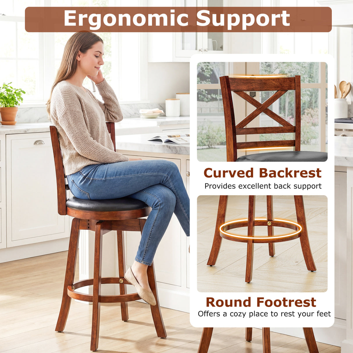 Swivel Barstools Set of 2 with Backrest and Footrest-24 Inches