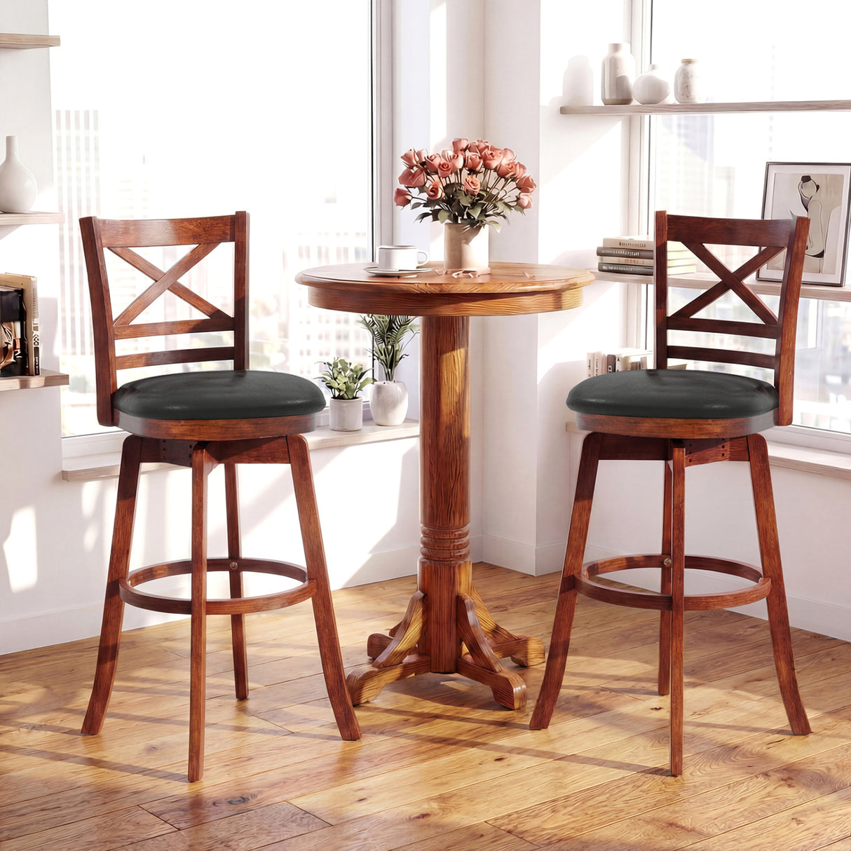 Swivel Barstools Set of 2 with Backrest and Footrest-29 Inches