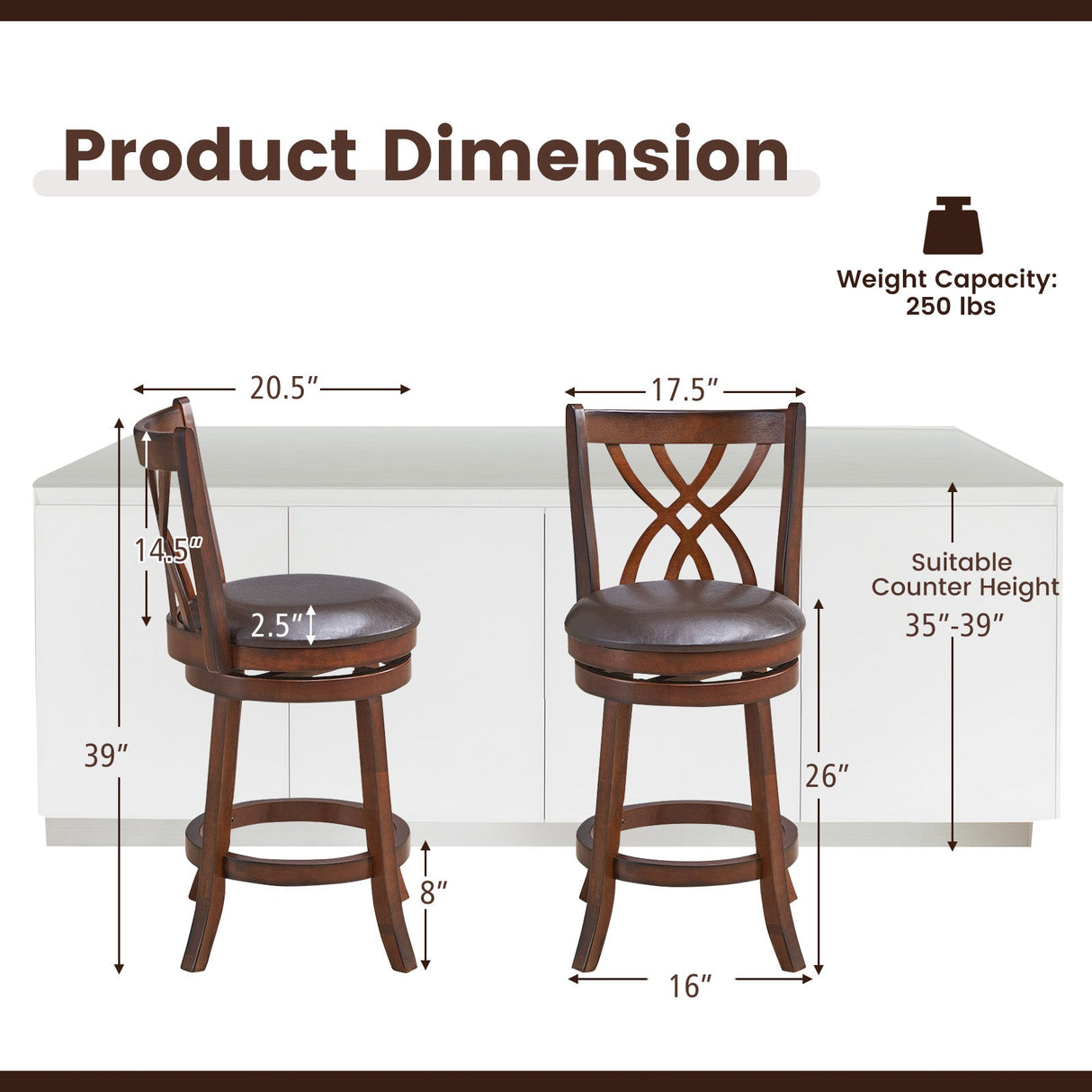 360° Swivel Counter Height Chairs with PU Leather Cushioned Seat and Footrests-26 inches