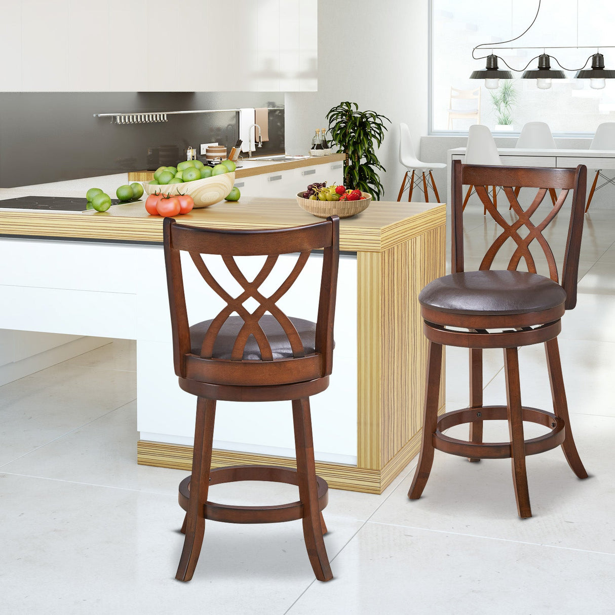 360° Swivel Counter Height Chairs with PU Leather Cushioned Seat and Footrests-26 inches