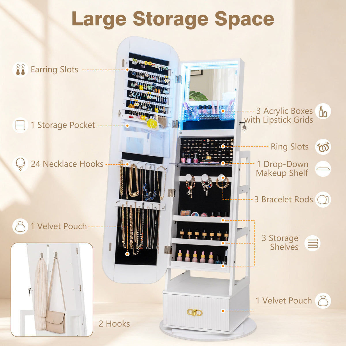 Swivel Jewelry Cabinet with Full-Length Mirror and LED Lights and Storage Shelves-White