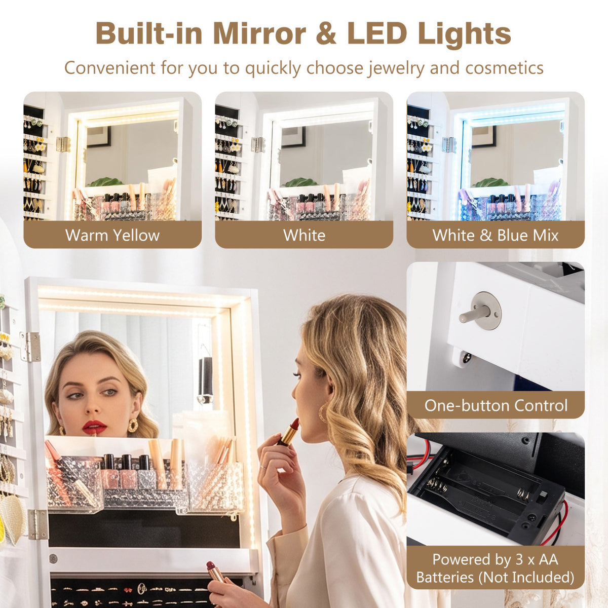Swivel Jewelry Cabinet with Full-Length Mirror and LED Lights and Storage Shelves-White