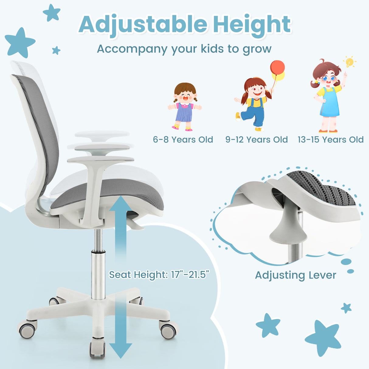 Swivel Mesh Children Computer Chair with Adjustable Height-Gray