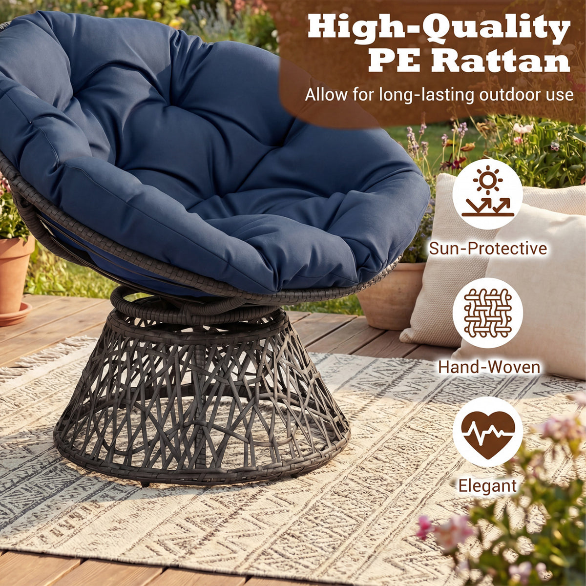Swivel Papasan Chair Round Wicker Lounge Chair with Thick Cushion-Navy