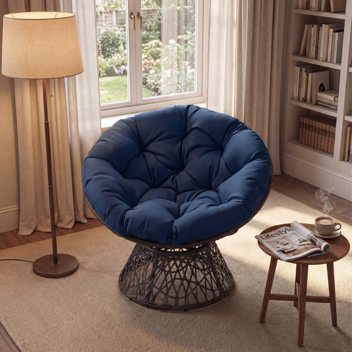 Swivel Papasan Chair Round Wicker Lounge Chair with Thick Cushion-Navy