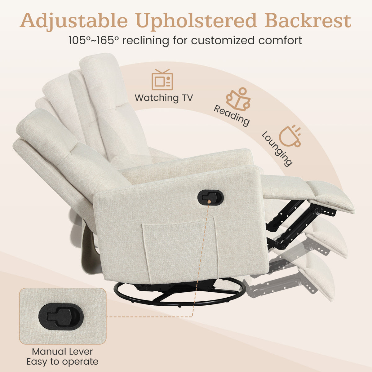 Swivel Rocking Chair 360° Nursery Reclining Rocker Armchair with Cushioned Back-Beige
