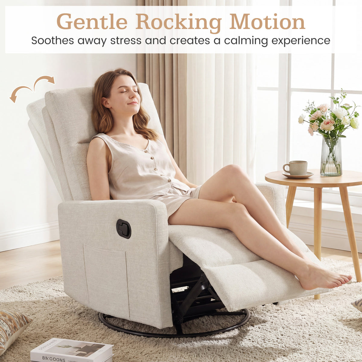 Swivel Rocking Chair 360° Nursery Reclining Rocker Armchair with Cushioned Back-Beige