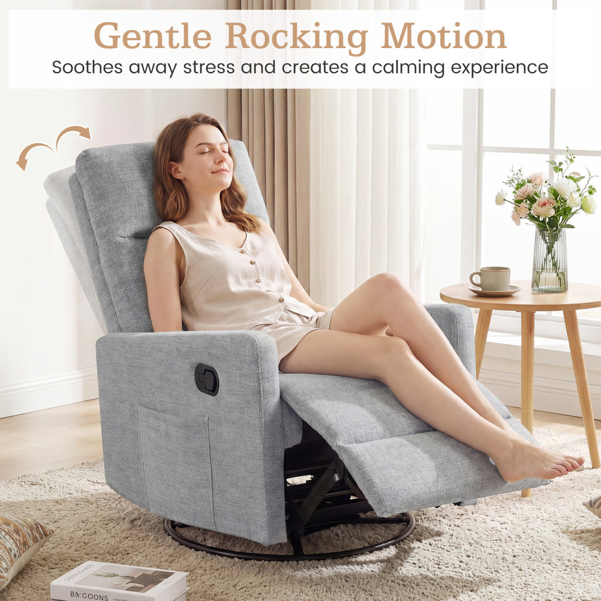 Swivel Rocking Chair 360° Nursery Reclining Rocker Armchair with Cushioned Back-Gray