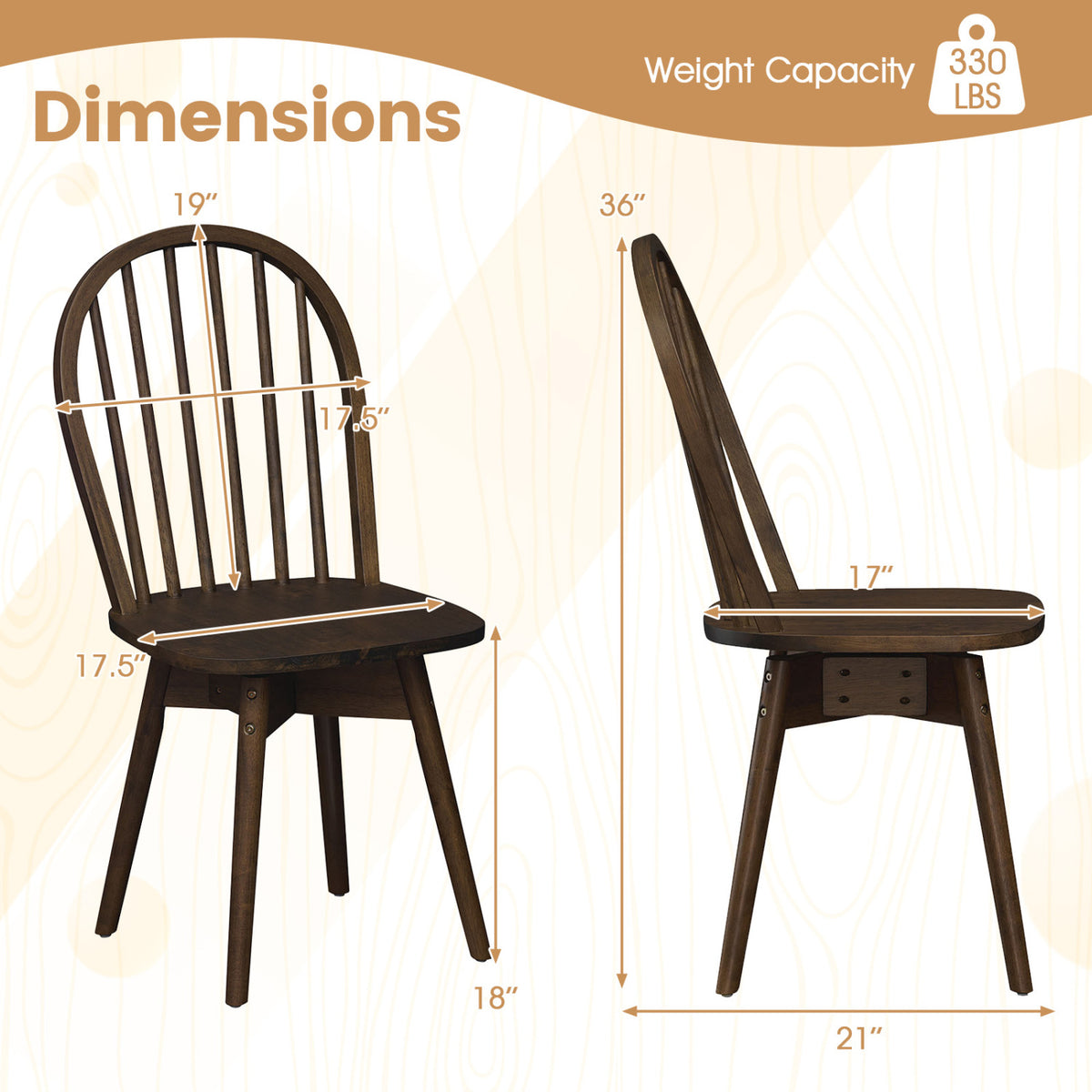Swivel Windsor Dining Chairs Set of 2 with Solid Rubber Wood Frame-Walnut
