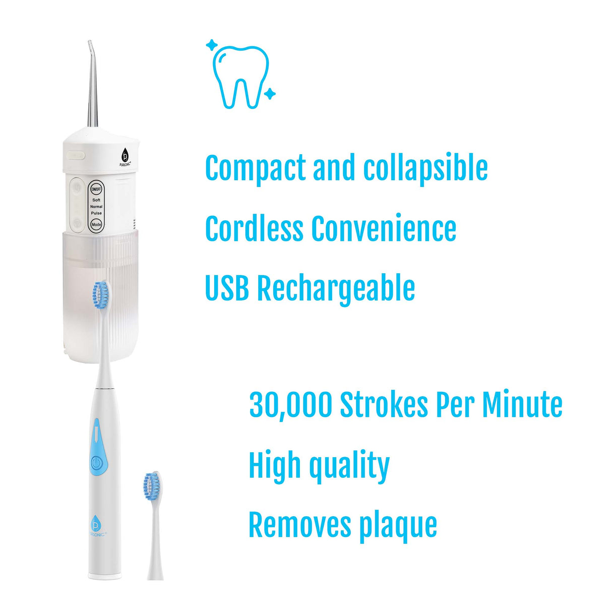 Ultimate Smile Care Duo: Triple-Head Tooth Wizard & Travel-Ready Water Flosser by Pursonic
