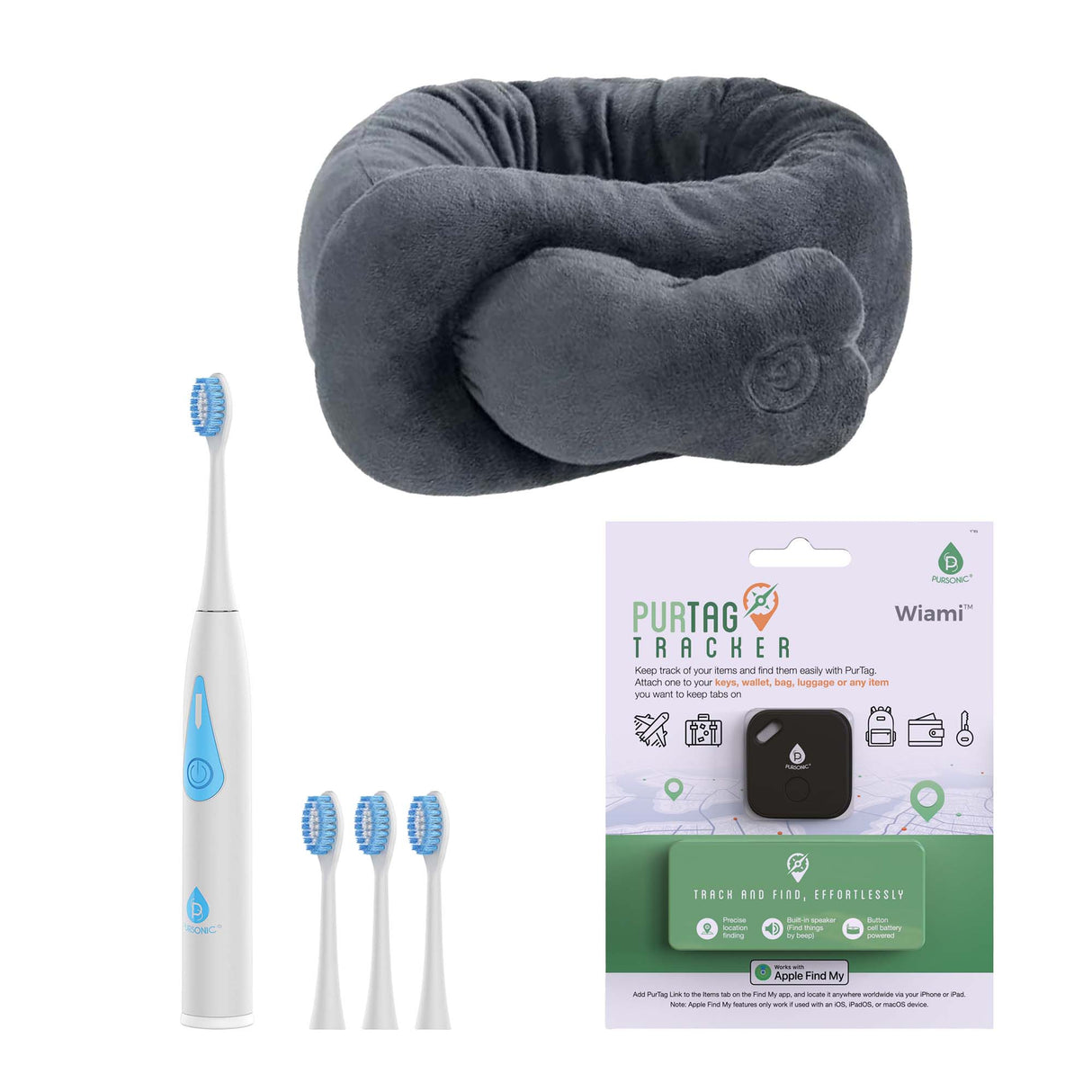 On-the-Go Travel Kit – Triple-Head Electric Toothbrush, Purtag Tracker, Portable Neck & Shoulder Massaging Wrap by Pursonic