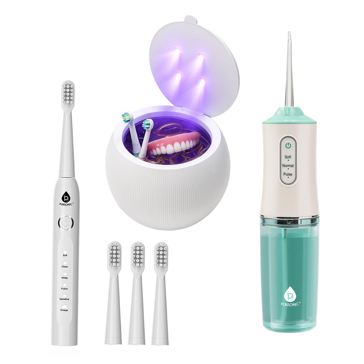 Pursonic Complete Oral Care & Hygiene Bundle: Ultrasonic Cleaner Pod, Rechargeable Oral Irrigator, & USB Sonic Toothbrush by Pursonic