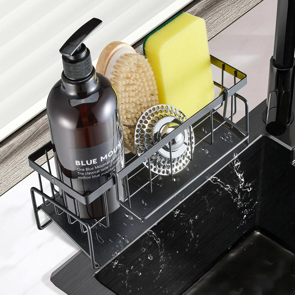 Sponge Holder for Kitchen Sink Sink Caddy with Auto Draining Tray Hanging Rod Rustproof Stainless Sink Caddy Kitchen Sink Organizer Kitchen Gadgets Soap Dispenser Kitchen Organizers and Storage