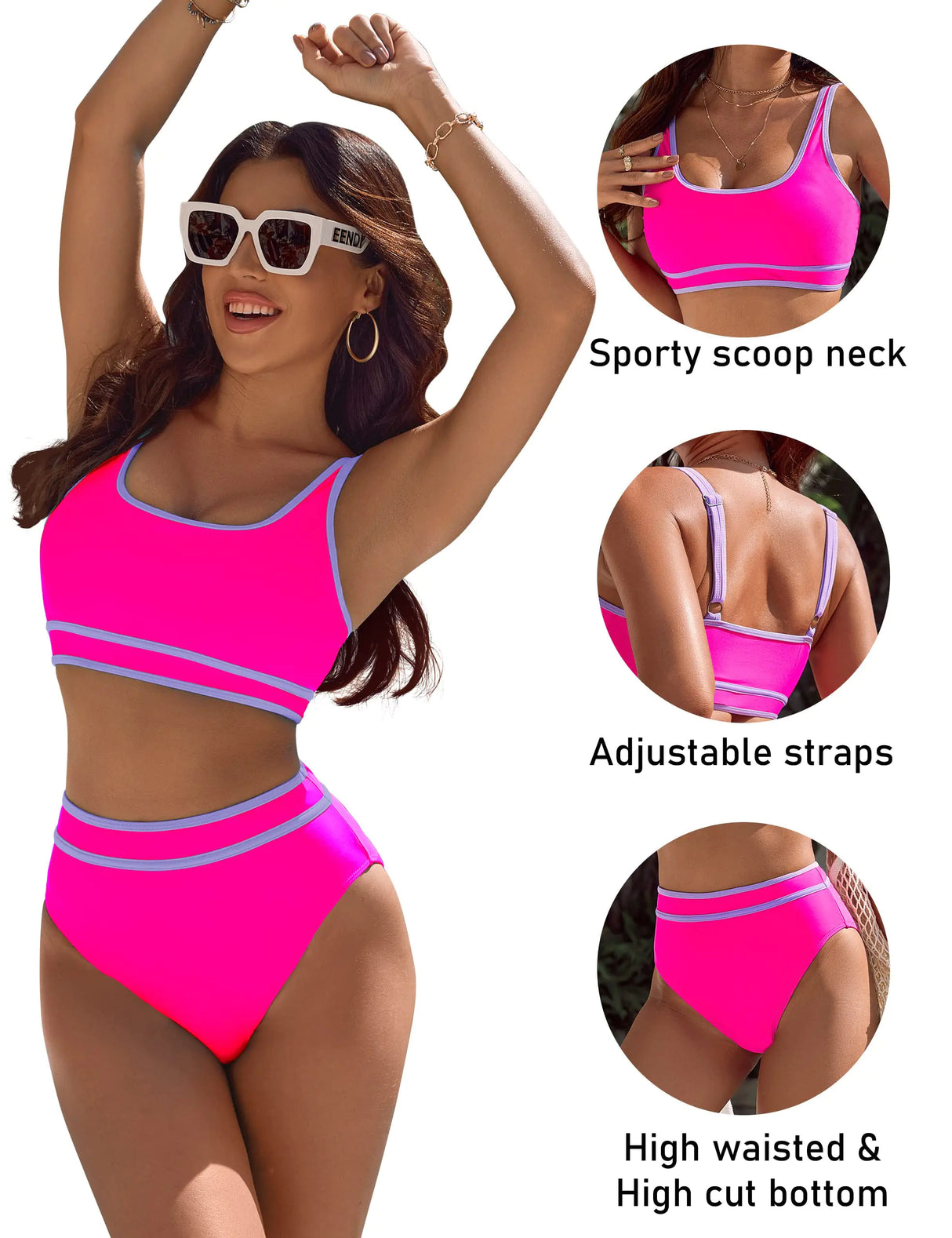 BMJL Women's High Waisted Bikini Sets Sporty Two Piece Swimsuits Color Block Cheeky High Cut Bathing Suits Small Hot Pink011