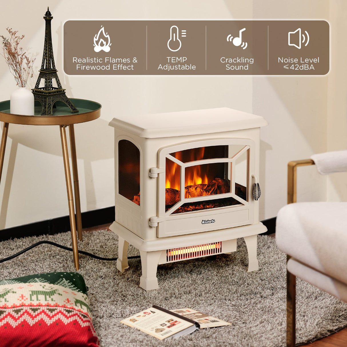 Suburbs TS20-SD Electric Fireplace Stove Heater with Sound
