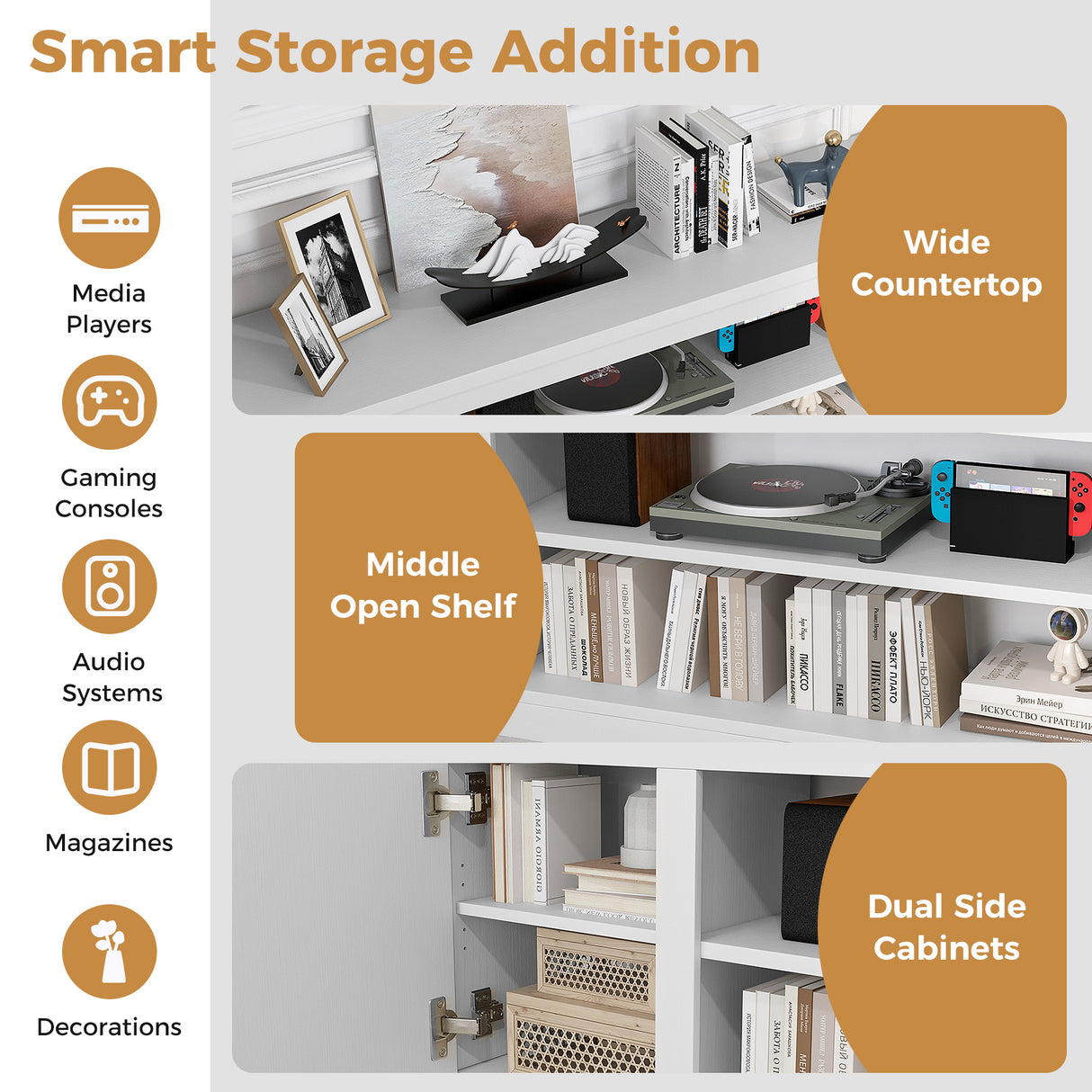 TV Cabinet with 3 Adjustable Shelves and Anti-Tipping Kits for TVs up to 80 Inch-White